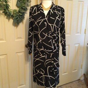 Vintage 80s Liz Claiborne Black & White Faux Wrap Dress - Size 8p